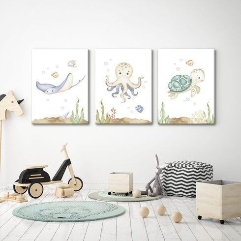Set 3,Bedroom 12x16in Wodkwq Ocean Nursery Canvas Wall Art,Nursery Wall Decor,Kids Bathroom Decor,Under The Sea