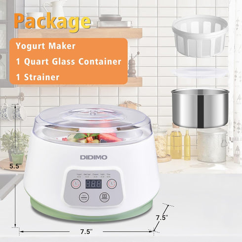 Yogurt Maker, Greek Yogurt Maker with Timer Control and Strainer, Electric Portable Yogurt Maker for Yogurt, Cheese,