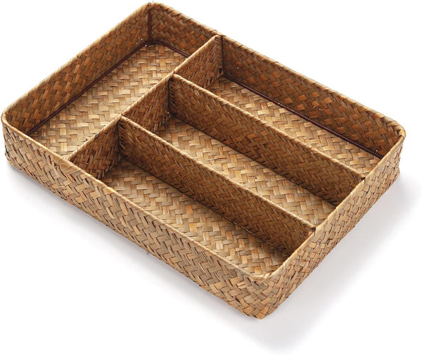 Seagrass Storage Basket with 4 Compartments, Rectangular Utensil Tray for Silverware Flatware Organization