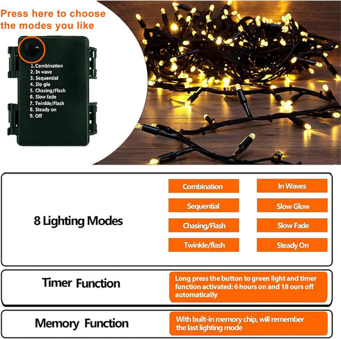 4Pack 160FT 400 8 Upgraded LED Battery Operated Christmas String Lights Outdoor/Indoor, Timer & Modes with Green Wire