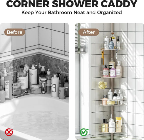 4 Holder,63.7-119 Inch Urackify Corner Shower Caddy Tension Pole, Tier Adjustable Bathroom Organizer Shelves, Shower