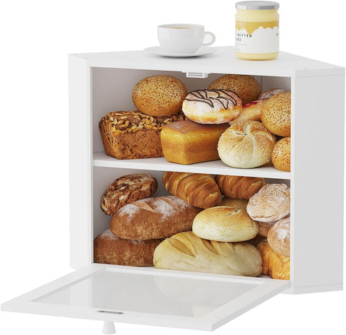 kiplant Countertop 2-Layer Corner Bread Box for Kitchen - Bamboo Wood, Wavy Acrylic Door, White Adjustable Bread