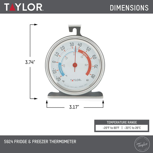 Taylor 5924 Large Dial Kitchen Refrigerator and Freezer Analog Thermometer, 3-Inch Dial, Silver Finish