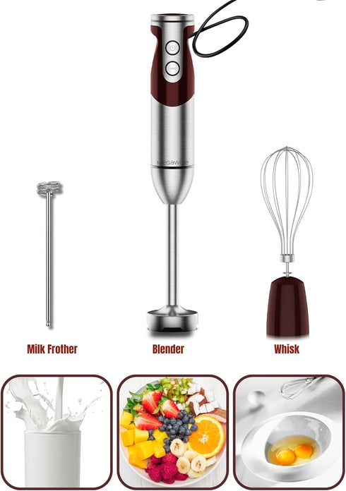 MegaWise Pro Titanium Reinforced 3-in-1 Immersion Corded Hand Blender, 12-Speed with Whisk and Milk Frother (3-in-1 Red)