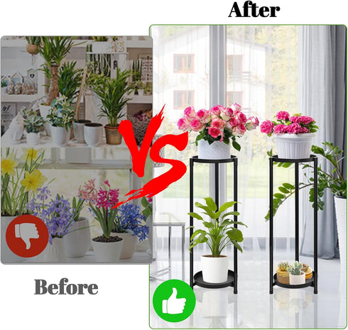 2 Tier Round Tall Metal Plant Stand indoor outdoor, Rustproof Round Planter Display Storage Rack, Heavy Duty Potted