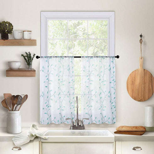 MRTREES Sheer Tier Curtains, Christmas Kitchen Tiers Rod Pocket, Leaf Embroidery Bathroom Curtain Panels, Aqua Blue
