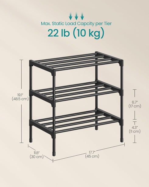 3-Tier Closet, 11.8 17.7 19.1 Inches, ULSA113BH01 SONGMICS Shoe Rack for Compact Metal Shoe Organizer Shelf