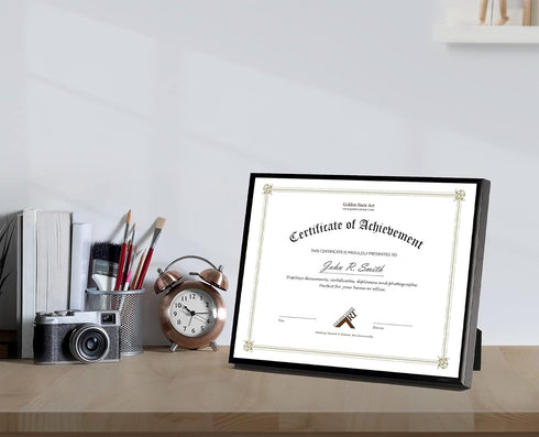 Golden State Art 8.5x11 Aluminum Frame - Real Glass, Metal Frame for 8.5 by 11 inch Document with Easel Stand (Black, 1