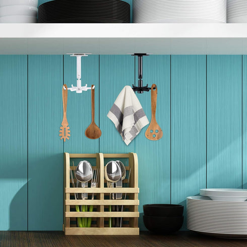 4 Pieces 360 Rotating Folding Hook, Multi-Purpose Self-Adhesive Utensil Holder with 6 Hooks for Kitchen Bathroom