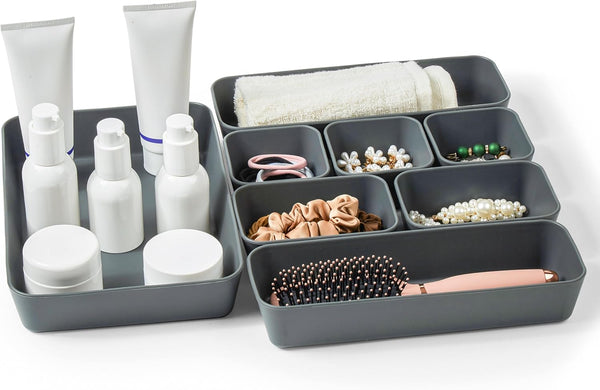 ISSEVE 8Pcs Nesting Silicone Drawer Organizer Trays, 4 Size Versatile Vanity Bathroom
