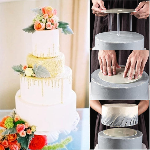 Cake Tier Supports, 4 Pcs Reusable Cake Boards (9/12/16/20cm) and 12 Pcs Cake Dowel Rods for Tiered Cake Stacking