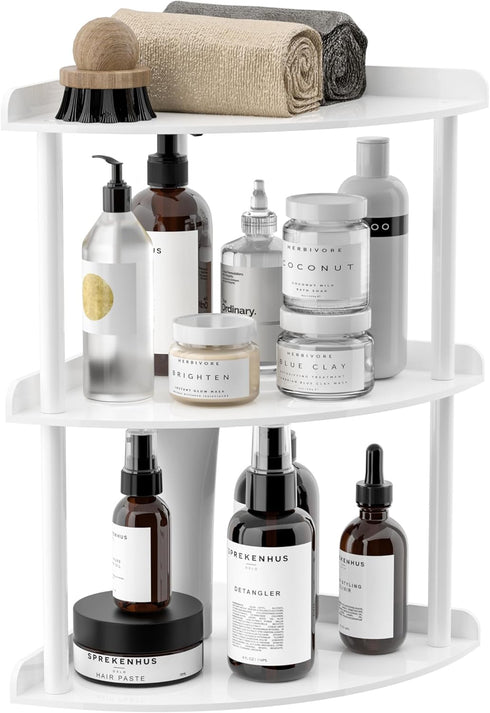 Sezanrpt 3 Tier Acrylic Corner Shelf Organizer Storage 9.5x9.5x15.7 Inch, White Countertop