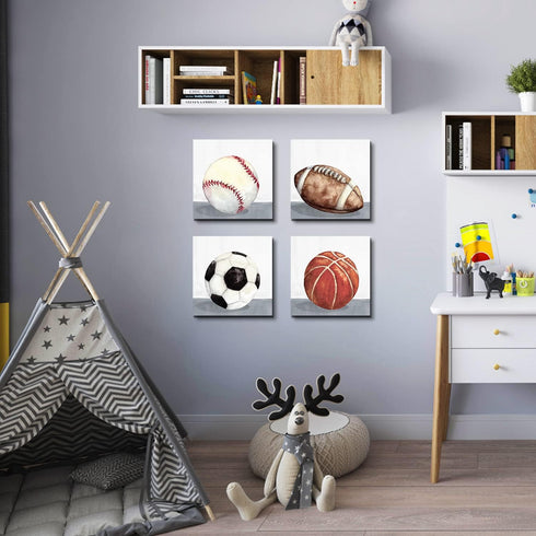 12x12" 4 Boys Room Wall Decor Sports Decor for Boys Bedroom Rustic Soccer Football Baseball Basketball Canvas Pictures