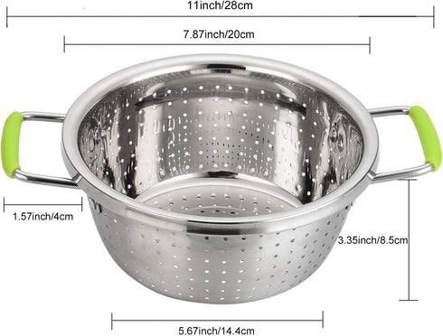 Stainless Steel Deep Colander, 2.5 Quart Micro-perforated Food Strainer with Green Silicone Handles for Draining Pasta