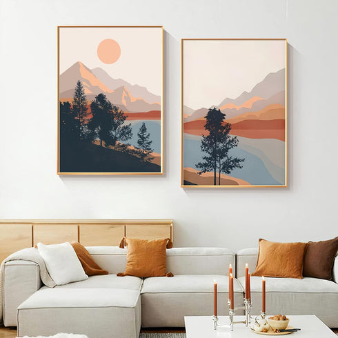 Bankrenart Nature Landscape Wall Art Prints: Mountain Sun Lake Artwork for Living Room Unframed 16x24 Inch