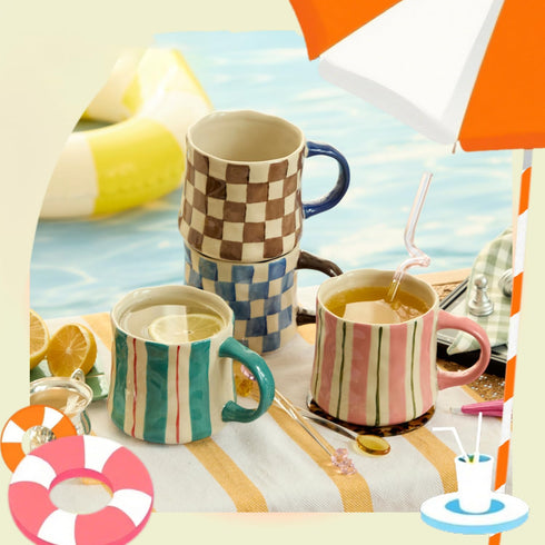 Retro Checkered Ceramic Coffee Mug 16Oz - Extra Large Handle, Microwave Safe