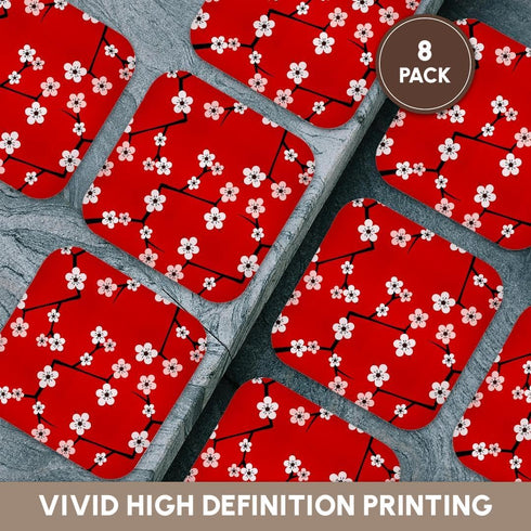 3dRose cst_58694_2 Bright Cherry Blossoms Print, Red, Soft Coasters, Set of 8