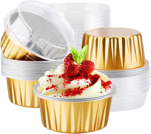 EUSOAR Disposable Ramekins Aluminum Foil, Gold 25 Packs 5oz Baking Cups with Lids for Mini Muffins