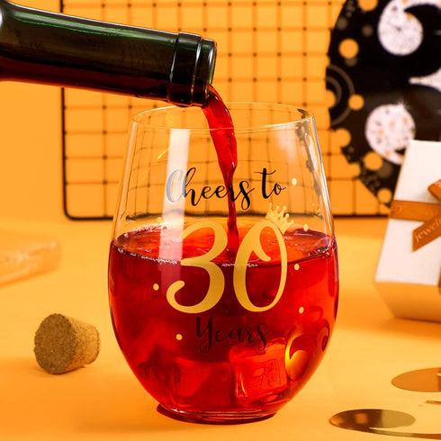 Cheer to 30 Birthday Stemless Wine Glass, 30th Birthday Wine Glass Present for Men Women, 17 oz