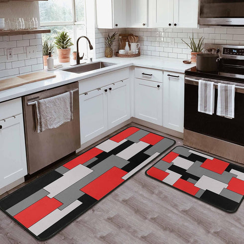 Set 2- 17x47.2 17x30 inches Kitchen Rugs of Red, Black, and Grey Modern Geometric Non-Slip Washable Floor Mats