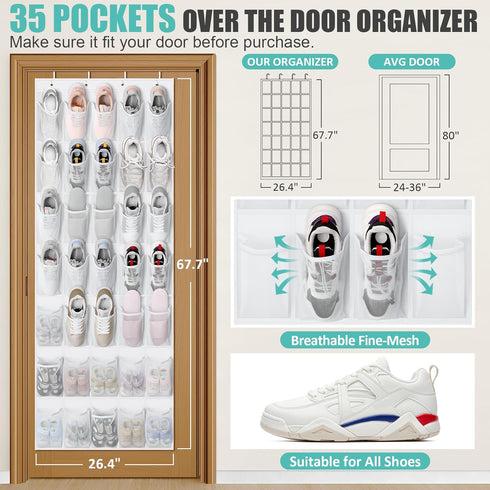 Tiblue Over The Door Shoe Organizer 35 Mesh Pockets Hanging Shoe Organizer Shoe Rack For Door Closet Entryway Bedroom Pantry Organizer - Shoe Holder Hanger For Sneakers, Women High Heeled Shoes White by Tiblue