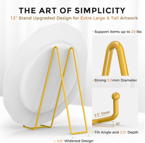 TR-LIFE 12 Inch Large Plate Stands/holder for Display - Metal Picture Frame Holder Stand + Small Easels for Platter, Book, Plaques, Photo, Tabletop Art (Gold 2 Pack)