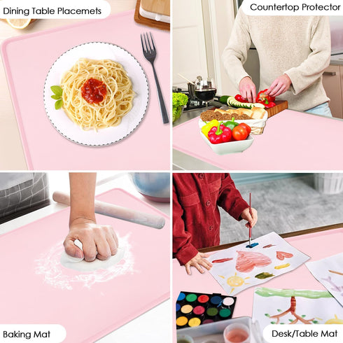 Pink Baking Mat - Reusable Multipurpose Kid Placemat, Silicone Heat Resistant Kitchen Countertop Dough Pad 23.6'' x