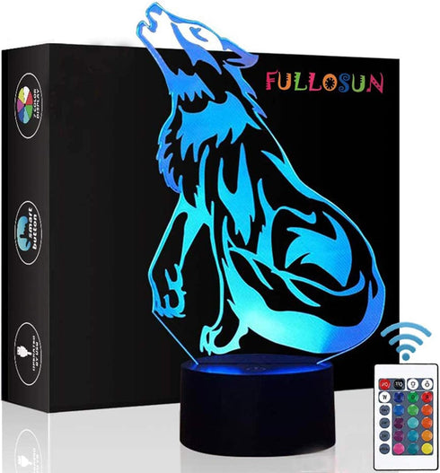 FULLOSUN Wolf Gifts, 3D Night Light for Kids, Optical Illusion Lamp with Remote Controller and 16 Color Changing