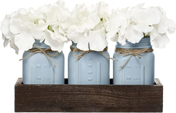 Mkono Mason Jar Centerpiece - Decorative Wood Tray with 3 Painted Jars and Artificial Flowers for Rustic Decor