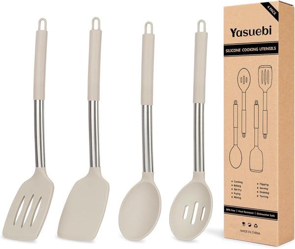 Kitchen Utensils Set, 4 Pack Silicone Utensils for Nonstick Cookware, Khaki, Perfect for Baking and Mixing