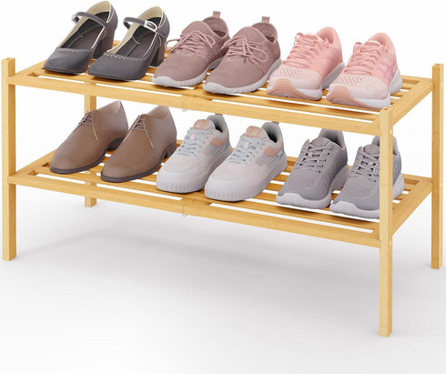 Smiry Bamboo Shoe Rack 2-Tier, Stackable Wooden Shoe Organizer for Entryway &