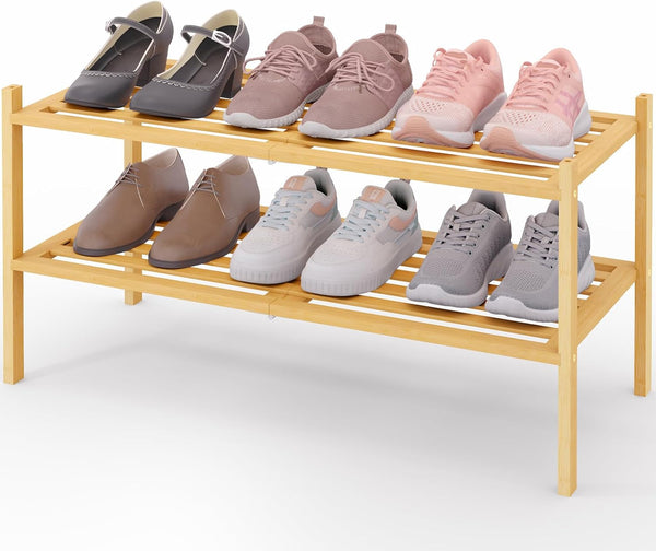 Smiry Bamboo Shoe Rack 2-Tier, Stackable Wooden Shoe Organizer for Entryway &