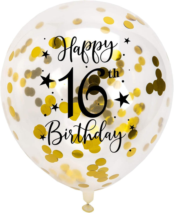 Gold 16th Confetti Latex Balloons, 12in, 16 Pack, Happy 16 Years Birthday Party Decoration with Confetti