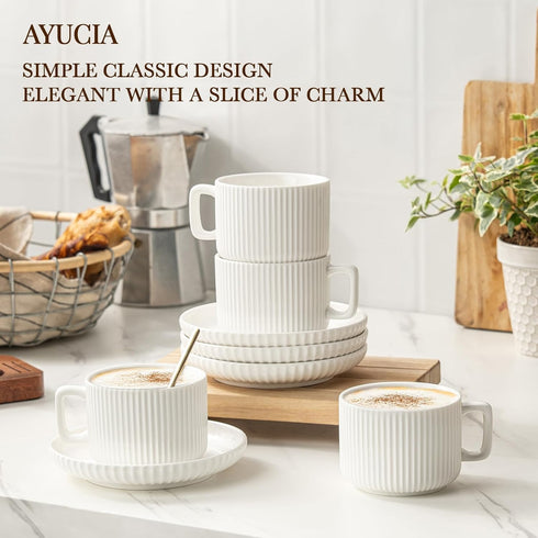 8 Set 4, Ounce Cappuccino Cups of Latte Mugs with Saucers and Spoons, White Cream Ceramic Coffee Mugs Tea Cups