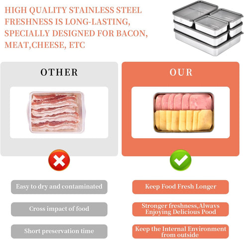 6 Pack 4 UPTRUST Bacon Cheese Container for Refrigerator, Stainless Steel Meat Container, Dishwasher Safe Storage