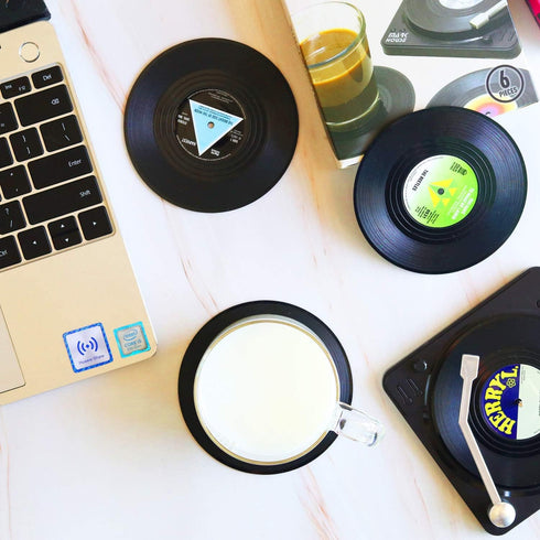 Funny Retro Record Coasters for Drinks, Set of 6 Vinyl Player Holder for Music Lovers, Conversation Piece Drink Coasters