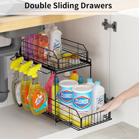 SUEH DESIGN 2 Tier Under Sink Organizer, Metal Kitchen Bathroom Storage with Hanging Rail