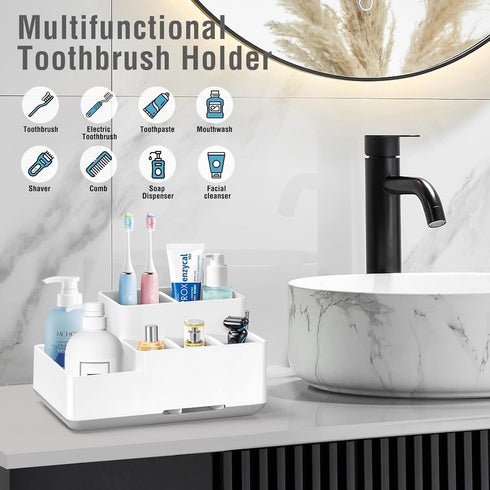 Electric Toothbrush Holder, Detachable Non-Slip Bathroom Organizer with 6 Compartments and Drainage Holes
