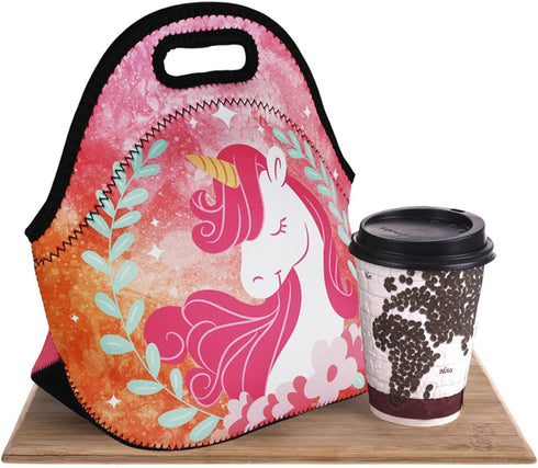 Violet Mist Cute Unicorn Neoprene Lunch Bag, Pink Reusable Insulated Lunch Box with Zipper for Work Gifts