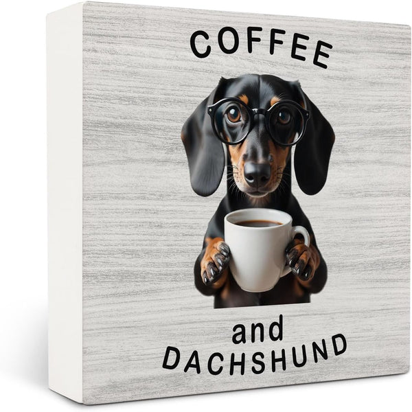 Coffee Dachshund Desk Decor Wooden Signs,Funny Coffee Wooden Box Sign,Funny Office Desk