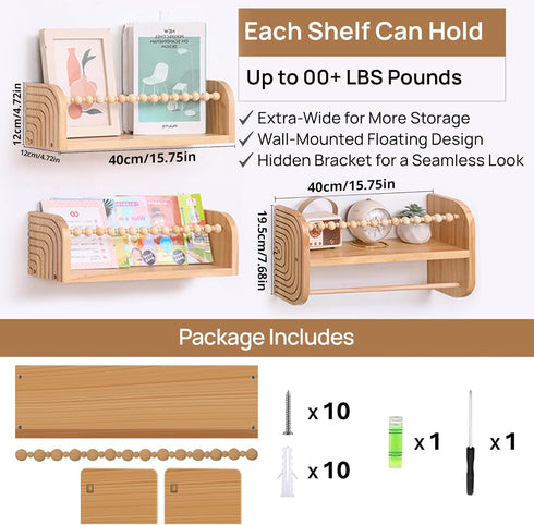 SAG's store Set 3 15.7" Floating Nursery Shelves - of Natural Wood Wall-Mounted Bookshelves for Kids Room, Baby Room