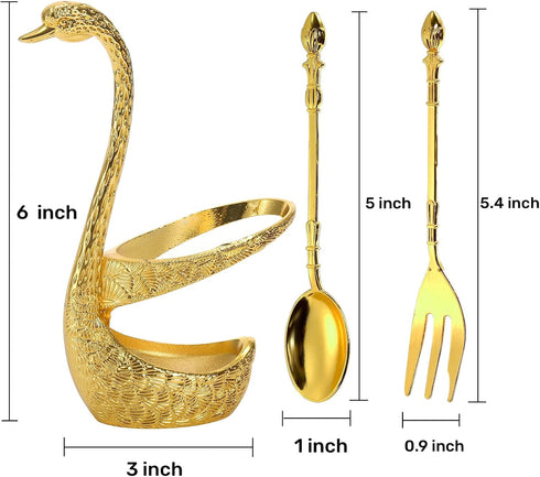 14 Pack Swan Base Holder with Coffee Spoon Forks, Gold Creative Dessert Flatware Set, Decorative Party Golden Serving Teaspoons for Stirring, Mixing, Sugar, Ice Cream, Fruit, 6 Spoons, 6 Forks by Pumtus
