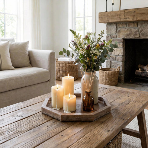 Counter Rustic Candle Holder Plate Boho Wooden Decorative Trays for Coffee Table Farmhouse Kitchen Home Decor Living