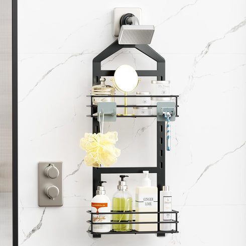 Orimade Adjustable Anti-slip Shower Caddy, Rustproof Hanging Organizer with 2 Hooks for Shower Storage
