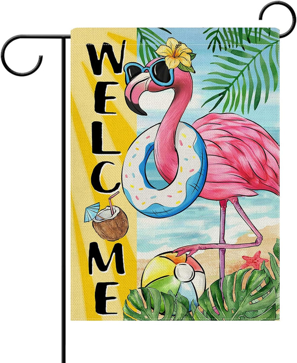 Welcome Summer Flamingo Decorative Garden Flag: Beach Coastal Swim Ring Tropical Palm Leaves 12x18 Inch