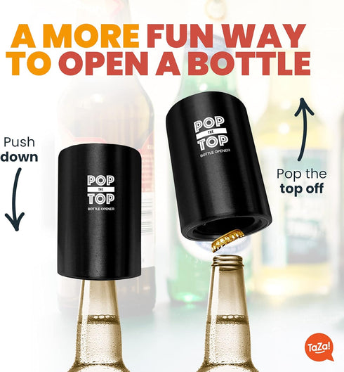 Pop-the-Top Beer Bottle Opener (Black) - Automatic Cap Remover, Push Down Bar Tool, Fun Gadget