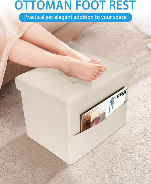 17 Inches Ottoman with Storage Foot Stool, Folding Storage Ottoman, Leather Upholstered Ottomans Foot Rest with Side