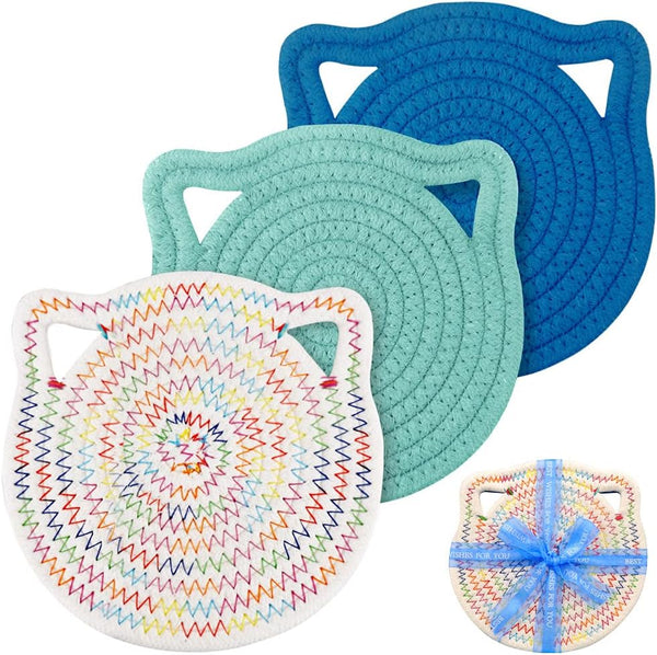 7" Cotton Trivets Set, 3Pcs Cute Cat Ear Pot Holders, Thick Heat Resistant Mats for Hot Pots and Pans, Blue