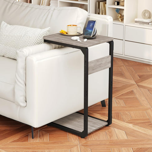 Vovonusy ET-YB-GY1 Wood Pedestal Small Sofa Side Table for Couch, Tall Nightstand, C Shaped End Table, TV Trays