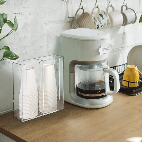 Suwimut Acrylic Coffee Cup and Lid Storage Organizer - 2 Compartments Clear Plastic Coffee Cup Dispenser for Kitchen